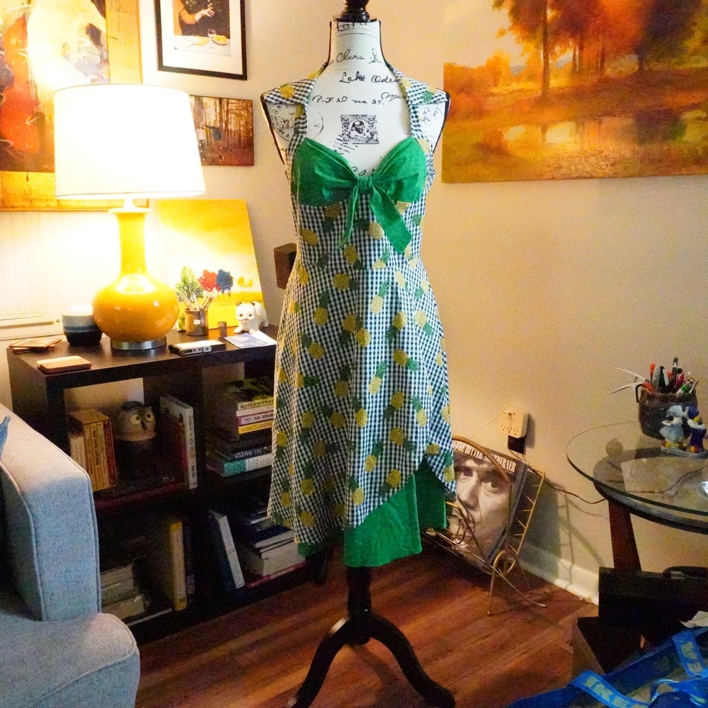 Retro Style Pineapple Gingham Dress Green Bow‎ Halter Sundress Summer XL Kitsch